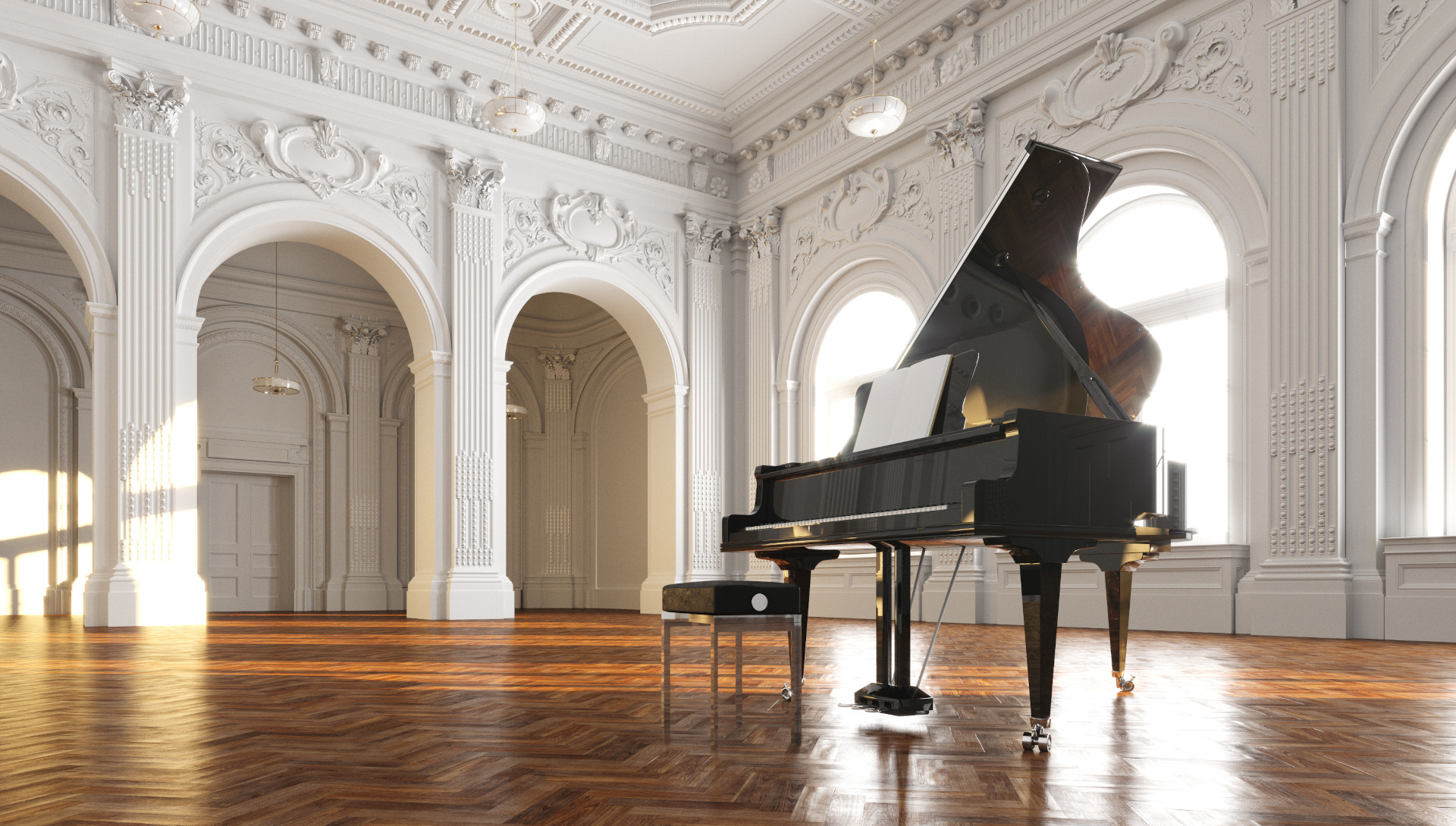 black grand piano in white classic room